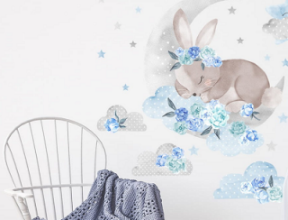 Samolepky na stenu - Spiaci králiček na obláčiku, modrý