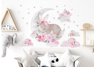 Samolepky na stenu - Spiaci králiček na obláčiku, ružový