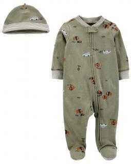 CARTER'S Set 2dielny overal na zips, čiapka Green Buffalo chlapec 3m