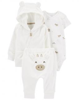 CARTER'S Set 3dielny body kr. rukáv, tepláky, mikina White Cow neutrál LBB 3m