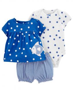 CARTER'S Set 3dielny body kr. rukáv, tričko kr. rukáv, kraťasy Blue Dot Fish dievča 12m