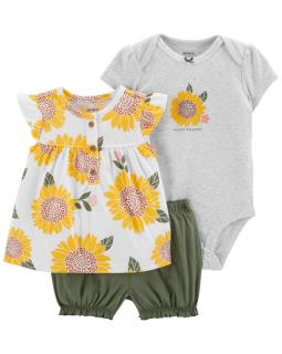 CARTER'S Set 3dielny body kr. rukáv, tričko kr. rukáv, kraťasy Grey Sunflower dievča 12m