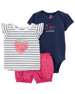 CARTER'S Set 3dielny body kr. rukáv, tričko kr. rukáv, kraťasy Strawberry Stripes dievča 12m