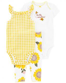 CARTER'S Set 3dielny legíny, body kr. rukáv, body na ramienka Yellow Sunflower dievča 12m