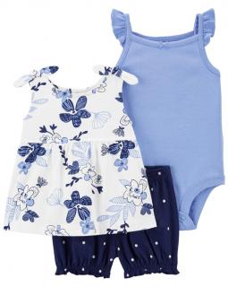 CARTER'S Set 3dielny tričko na ramienka, body na ramienka, kraťasy Blue Flowers dievča 12m