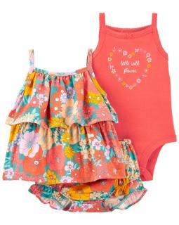 CARTER'S Set 3dielny tričko na ramienka, body na ramienka, kraťasy Orange Flowers dievča 12m