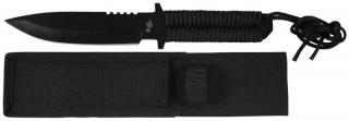 Nôž taktický s pevnou čepeľou čierny s omotávanou čiernou rukoväťou (Vrhačka MFH 44496)