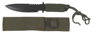 Nôž taktický s pevnou čepeľou čierny s omotávanou zelenou rukoväťou (MFH 44494)