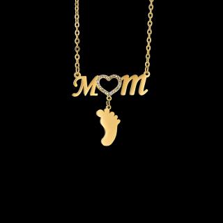 Dámsky oceľový náhrdelník, nápis  MOM  a detská nôžka, číre zirkóny
