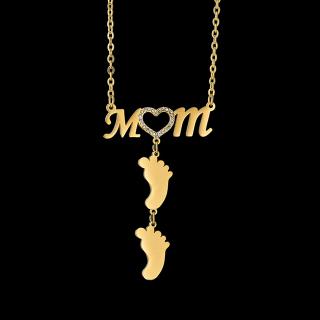Dámsky oceľový náhrdelník, nápis  MOM  a detské nôžky, číre zirkóny