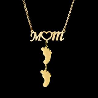 Dámsky oceľový náhrdelník, nápis  MOM  a dve detské nôžky