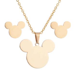 Dámsky prívesok, retiazka a náušnice, Mickey Mouse zlatej farby, chirurgická oceľ