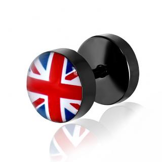 Fake plug z chirurgickej ocele, čierna farba, britská vlajka