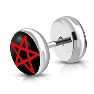 Falošný piercing z ocele, červený pentagram a číra glazúra, fake plug