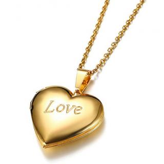 Medailón na fotky, 3D srdce z ocele, zlatá farba a nápis  LOVE