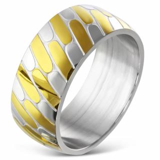 Obrúčka z ocele, zlatá a strieborná farba, vzor  pneumatika  Rozmer prsteňa: 65