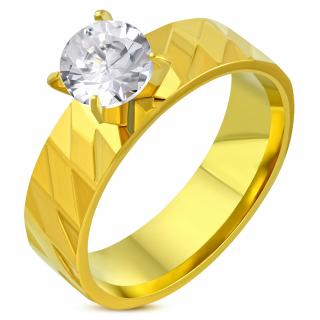 Zásnubný prsteň so zirkónom a gravírovaním, oceľ zlatej farby - Solitér Rozmer prsteňa: 49