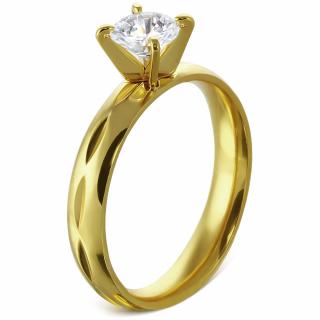Zásnubný prsteň so zirkónom, chirurgická oceľ, zlatá farba a gravírovanie - Solitér Rozmer prsteňa: 60