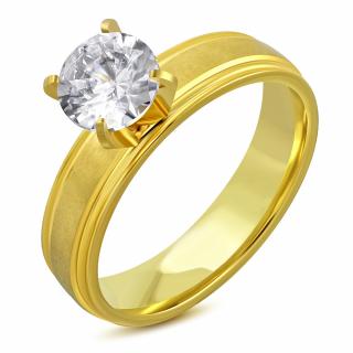 Zásnubný prsteň z ocele, číry kamienok, zlatá farba, saténový pás - Solitér Rozmer prsteňa: 52