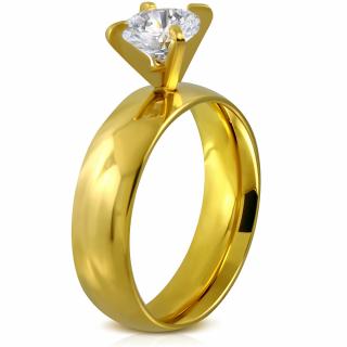 Zásnubný prsteň z ocele, číry kamienok, zlatá farba - Solitér Rozmer prsteňa: 52
