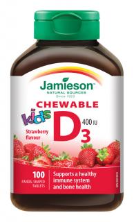 Vitamín D3 Kids 400 IU tablety na cmúľanie s príchuťou jahody pre deti