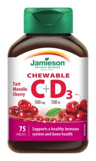 Vitamíny C a D3 500 mg/ 500 IU tablety na cmúľanie s príchuťou čerešne 75 tabliet