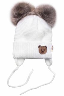 BABY NELLYS Zimná čiapka s fleecom Teddy Bear - chlupáčk. bambuľky - biela, šedá Velikost koj. oblečení: 56-68 (0-6 m)