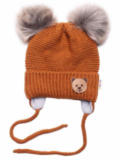 BABY NELLYS Zimná čiapka s fleecom Teddy Bear - chlupáčk. bambuľky - hnedá, šedá Velikost koj. oblečení: 56-68 (0-6 m)