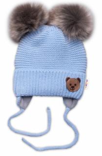 BABY NELLYS Zimná čiapka s fleecom Teddy Bear - chlupáčk. bambuľky - sv. modrá, šedá Velikost koj. oblečení: 56-68 (0-6 m)