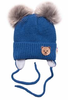 BABY NELLYS Zimná čiapka s fleecom Teddy Bear - chlupáčk. bambuľky - tm. modrá, šedá Velikost koj. oblečení: 56-68 (0-6 m)