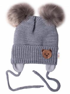 BABY NELLYS Zimná čiapka s fleecom Teddy Bear - chlupáčk. bambuľky - tm. šedá, šedá Velikost koj. oblečení: 56-68 (0-6 m)