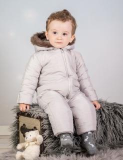 Kombinéza s kapucňou a kožušinkou Baby Nellys ®prošívaná, bez chodidiel - sivá Velikost koj. oblečení: 74 (6-9m)