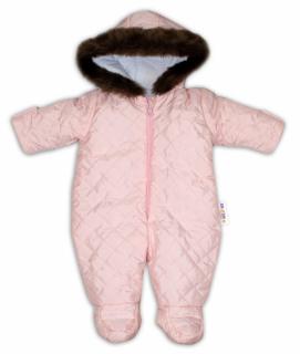 Kombinéza s kapucňou a kožušinkou Baby Nellys ®prošívaná - sv. ružová Velikost koj. oblečení: 56 (1-2m)