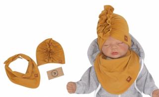Z&amp;Z Štýlová detská jarná / jesenná bavlnená čiapka, turban s šatkou, medová Velikost koj. oblečení: 56-68 (0-6 m)