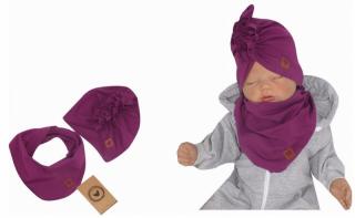Z&amp;Z Štýlová detská jarná / jesenná bavlnená čiapka, turban s šatkou, slivka Velikost koj. oblečení: 56-68 (0-6 m)