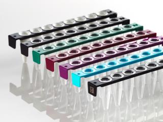 8 Well PCR Tube Strip with PC Frame and domed caps Farba: clear wells, black frame, 2D coded