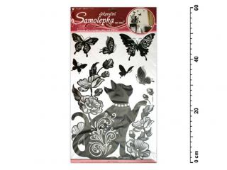 Samolepiaca dekorácia 10016 čierna mačka s glitrami a kamienkami 60x32cm