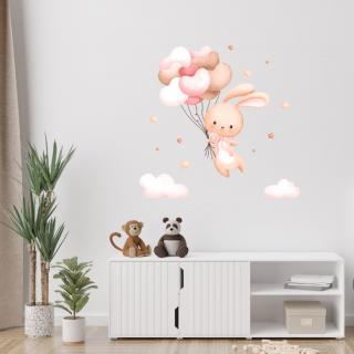 Samolepka na stenu  Zajačik s balónmi - ružová