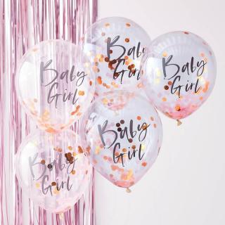 Latexové balóny Baby Girl Rose Gold Confetti 5ks v balení