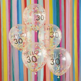 Latexové balóny Hello 30 Rainbow Confetti 5ks v balení
