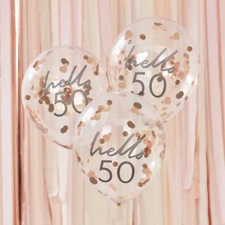 Latexové balóny Hello 50 Rose Gold confetti 5ks v balení
