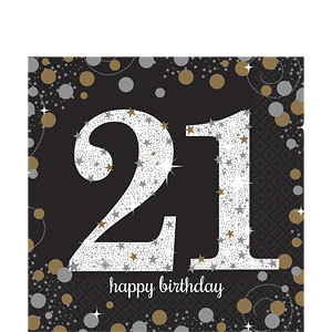Servítky s číslom ,,21,, Happy Birthday  Black&Gold 16ks v balení