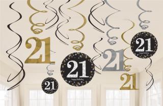 Špirály s číslom ,,21,, Happy Birthday Black&Gold 6ks v balení