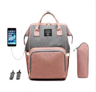 Multifunkčný batoh na kočík so zabudovaným USB portom - Sivo Ružový