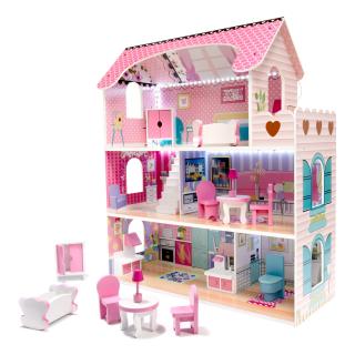 Drevený domček pre bábiky - ružový, 70cm s LED