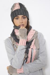 Admas - Set dámska zimná čiapka, rukavice a šál ružovo-sivý