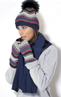 Admas - Set dámska zimná čiapka s brmbolcom, rukavice a šál modrý