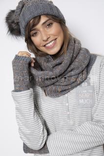 Admas - Set dámska zimná čiapka s brmbolcom, rukavice a šál sivý