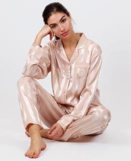 Satin Stripes - Dámske saténové pyžamo dlhé béžové Veľkosť :: XL