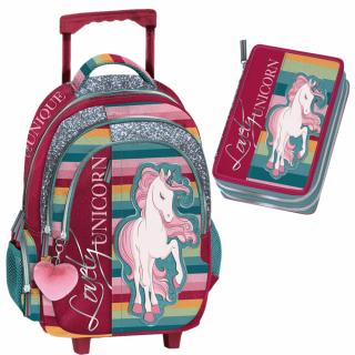 Unicorn - Set školská taška s kolieskami + peračník plný